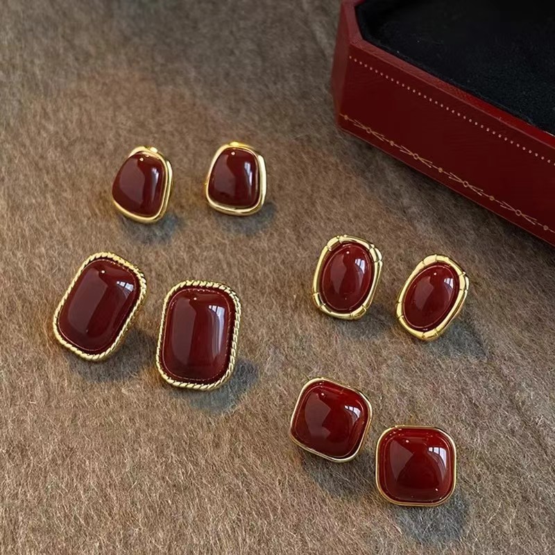 Opal Earrings Dangle - Винтажные эмалированные винно-красные серьги-гвоздики для женщин,